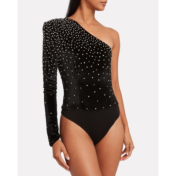 RETROFETE Velvet Embellished One Shoulder Bodysuit - Picture 3 of 16